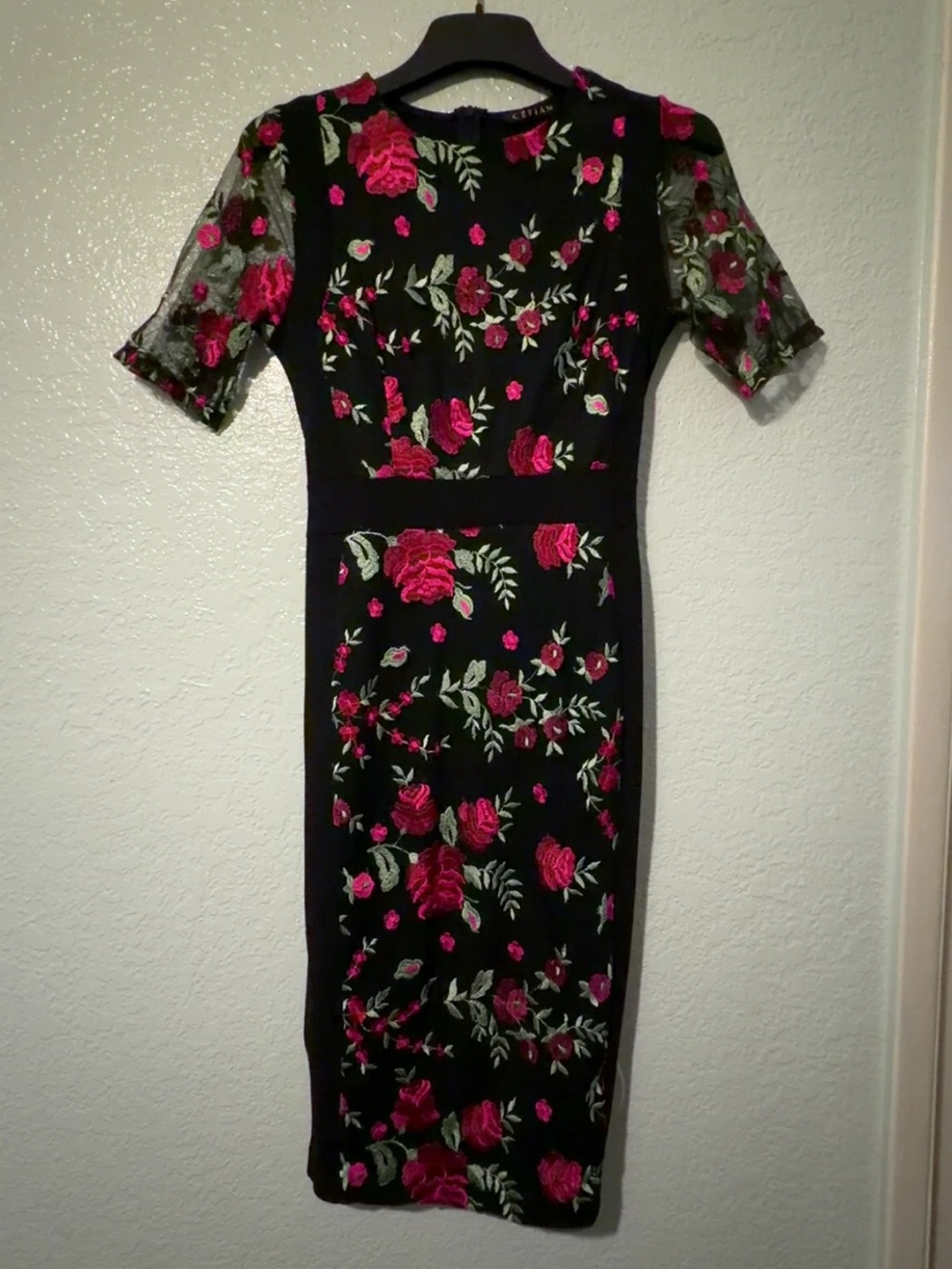Floral Embroidered Black Midi Dress with Pink Roses